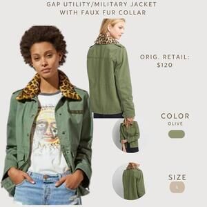 Gap Utility/Military Jacket with Faux Fur Leopard Collar - Olive, Size L